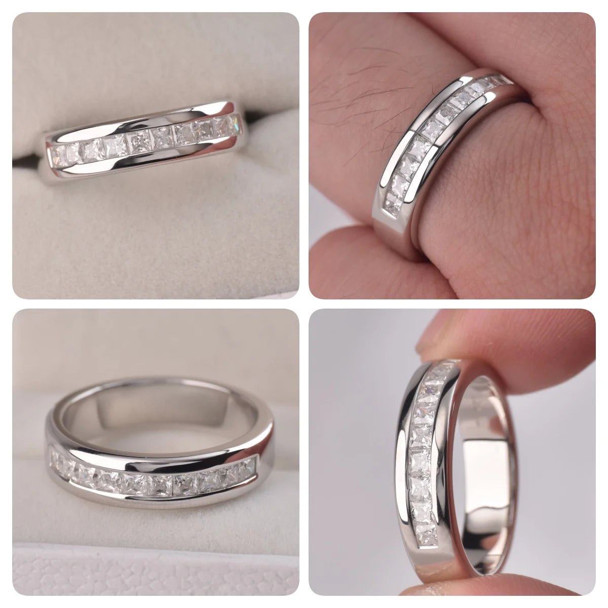 Newshe Men's Half Eternity Moissanite Wedding Band
