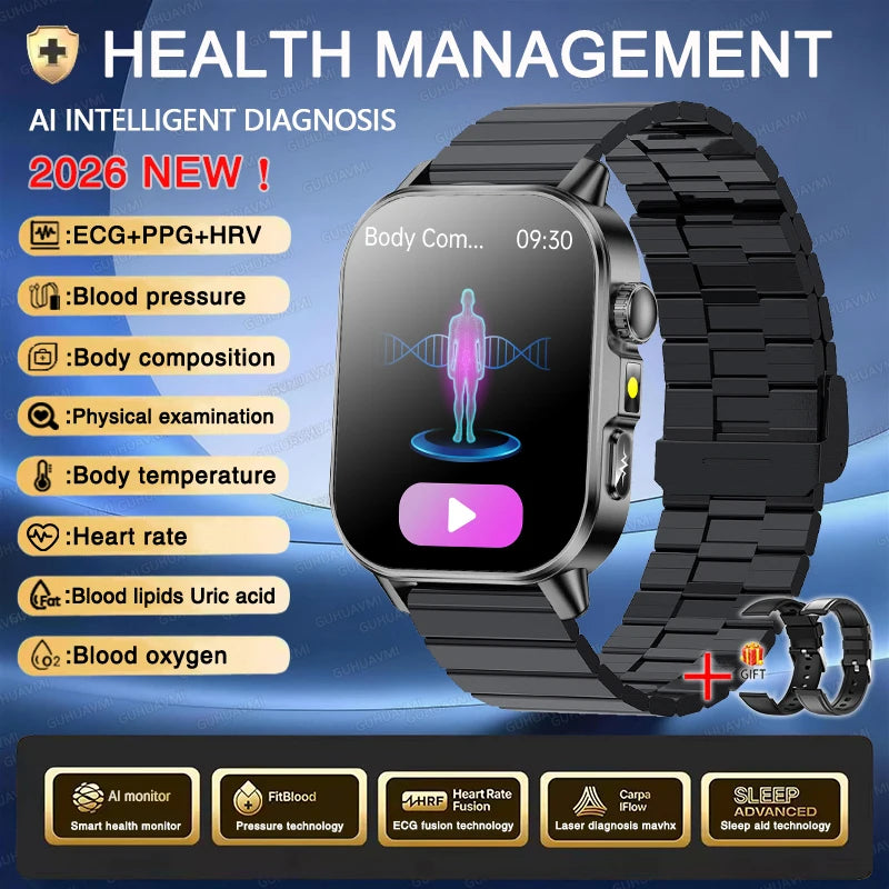 Vabena Men's ECG Smartwatch: Accurate Health Diagnosis with Blood Pressure, Oxygen, Fat, Uric Acid & Temp Monitoring