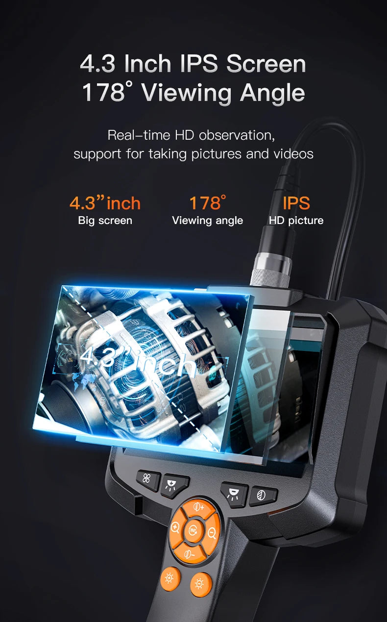 4.3" Dual Lens 1080P HD Industrial Endoscope Camera | Waterproof Car & Sewer Borescope with LED
