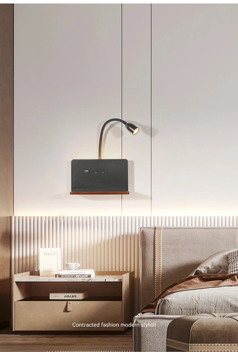 Modern 360° Rotatable LED Wall Lamp with USB & Wireless Charging for Bedside