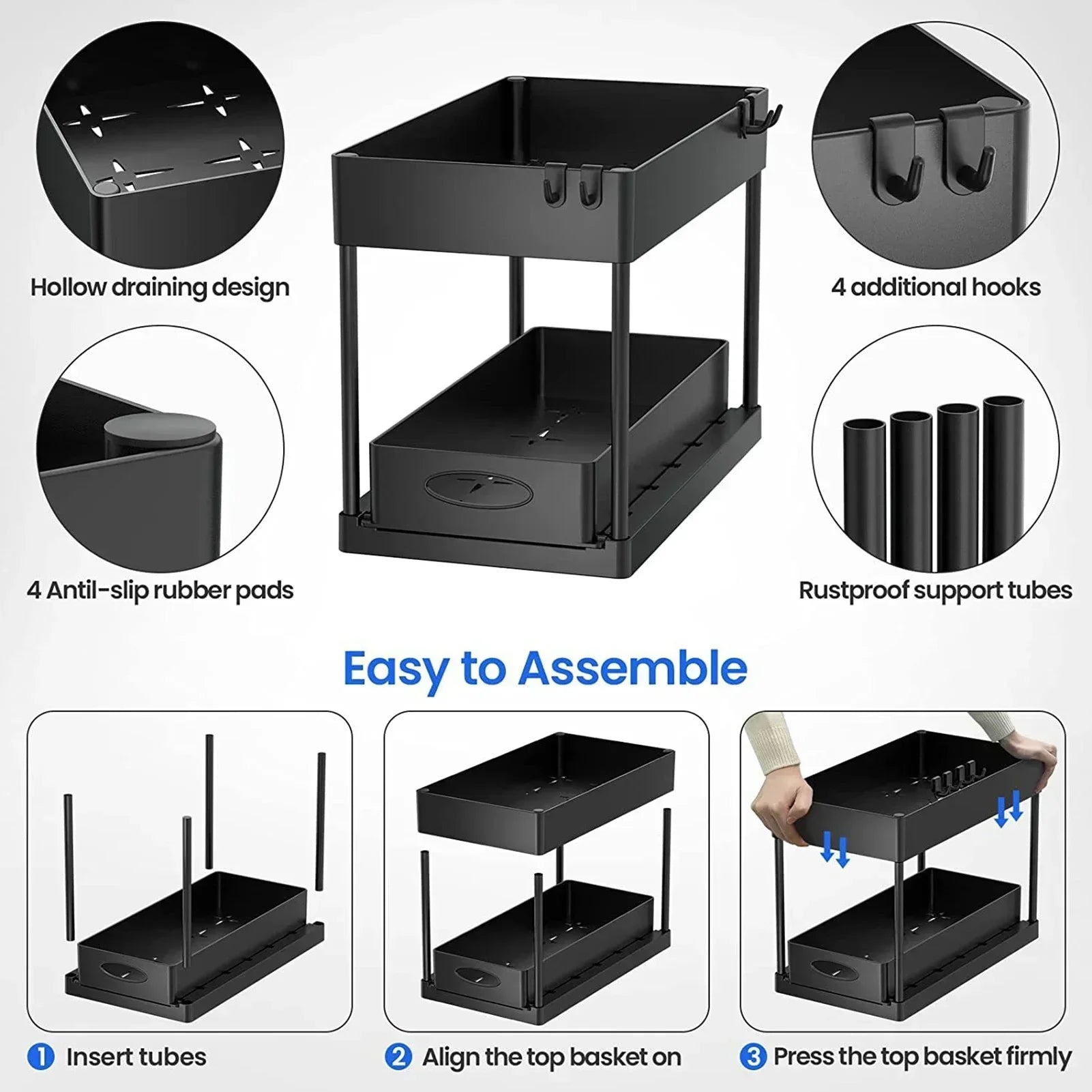 2-Tier Under Sink Organizer - Sliding Cabinet Basket Storage Rack for Bathroom & Kitchen