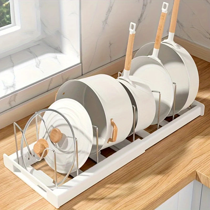 Expandable Pot & Pan Organizer Rack - Adjustable Kitchen Cabinet Storage Solution