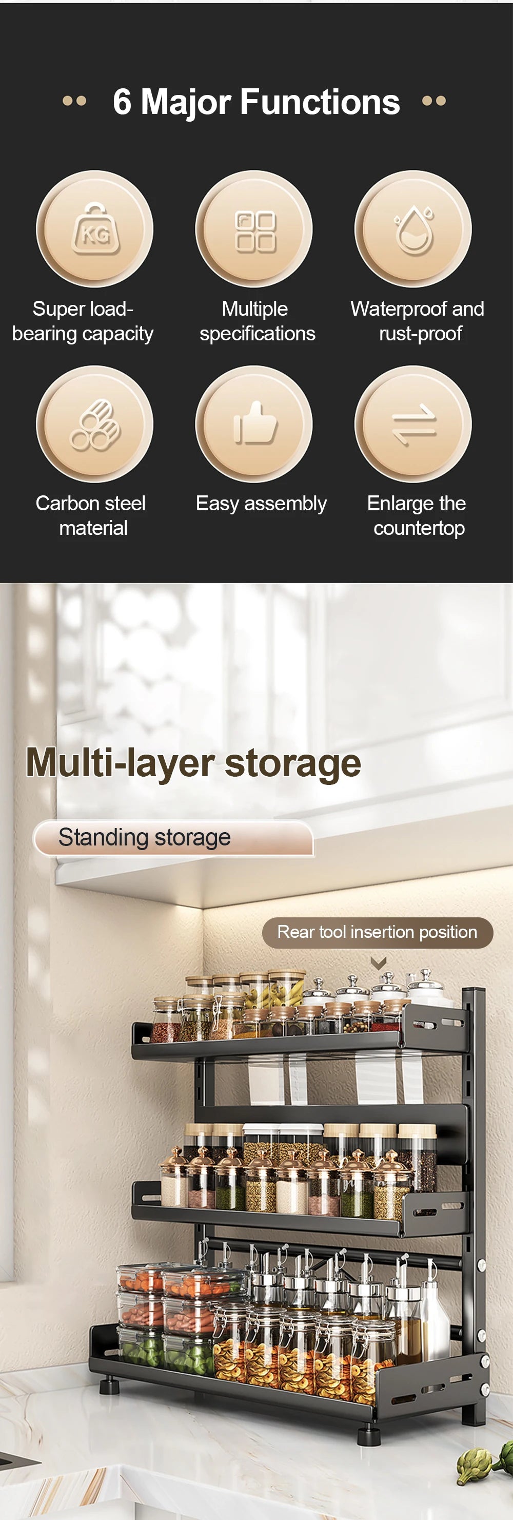 3 Tier Adjustable Spice Rack - Countertop & Cabinet Kitchen Organizer