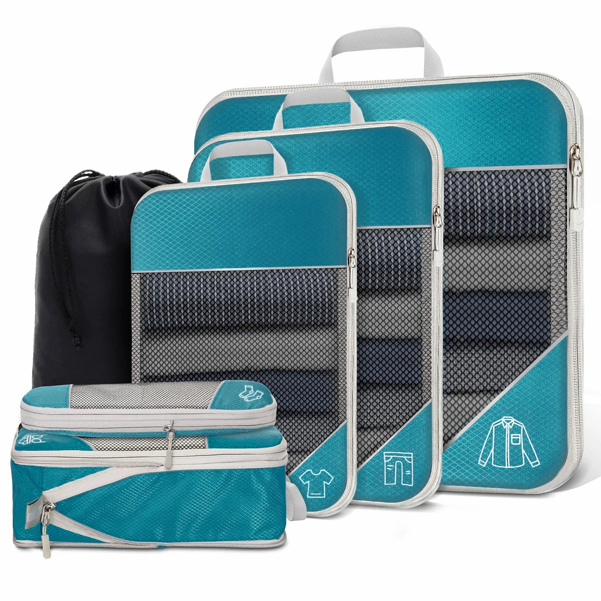 6PCS Travel Compression Packing Cube Set with Shoe Bag | Luggage Organizer