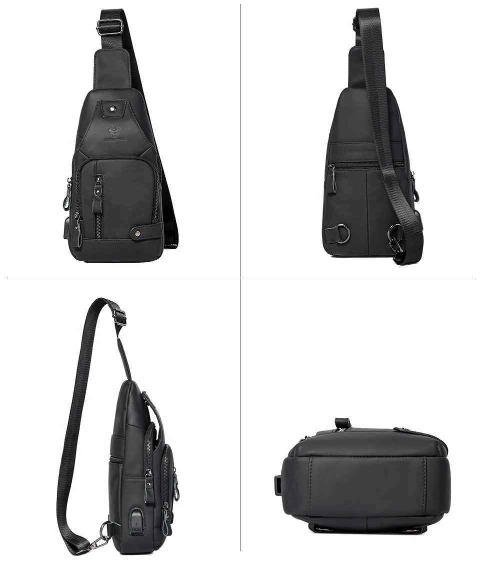 HUMERPAUL Men's Genuine Leather USB Crossbody Chest Bag - Travel & Fashion