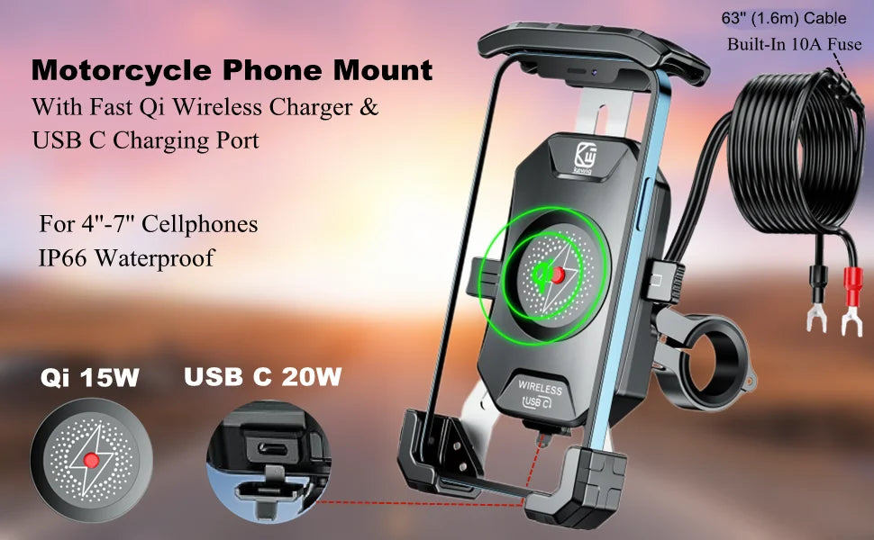Motorcycle Phone Holder with Fast Wireless & USB Charging | Handlebar & Mirror Mount