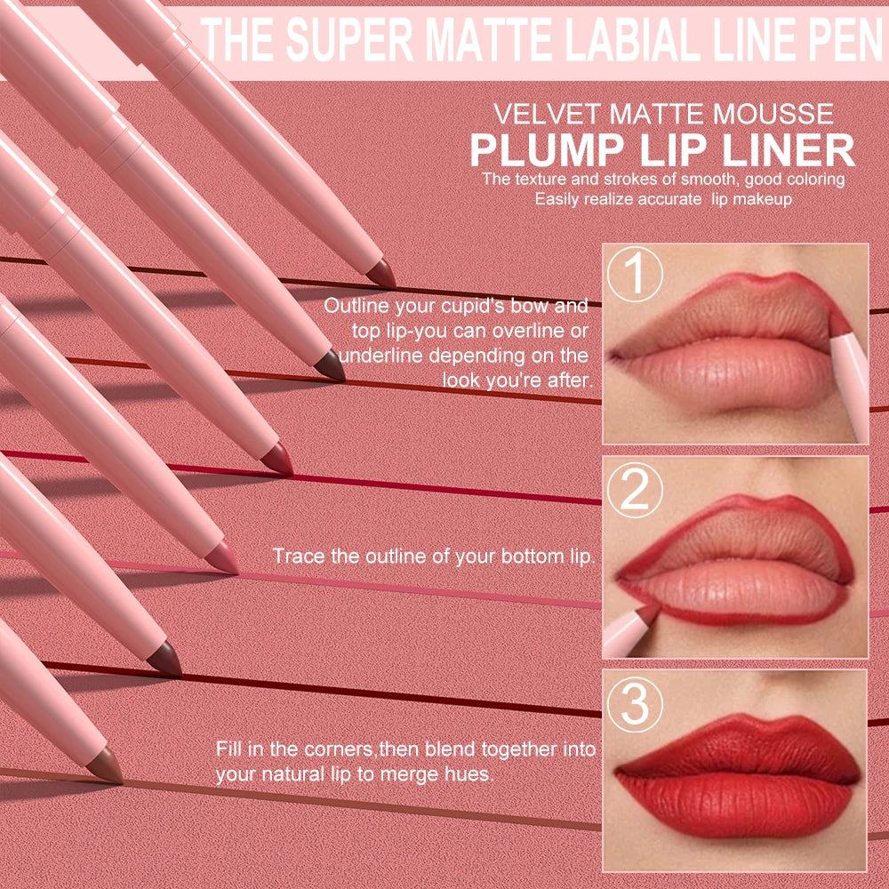 6pcs Long-Lasting Waterproof Lip Liner Pen & Gloss Set - Beauty Makeup