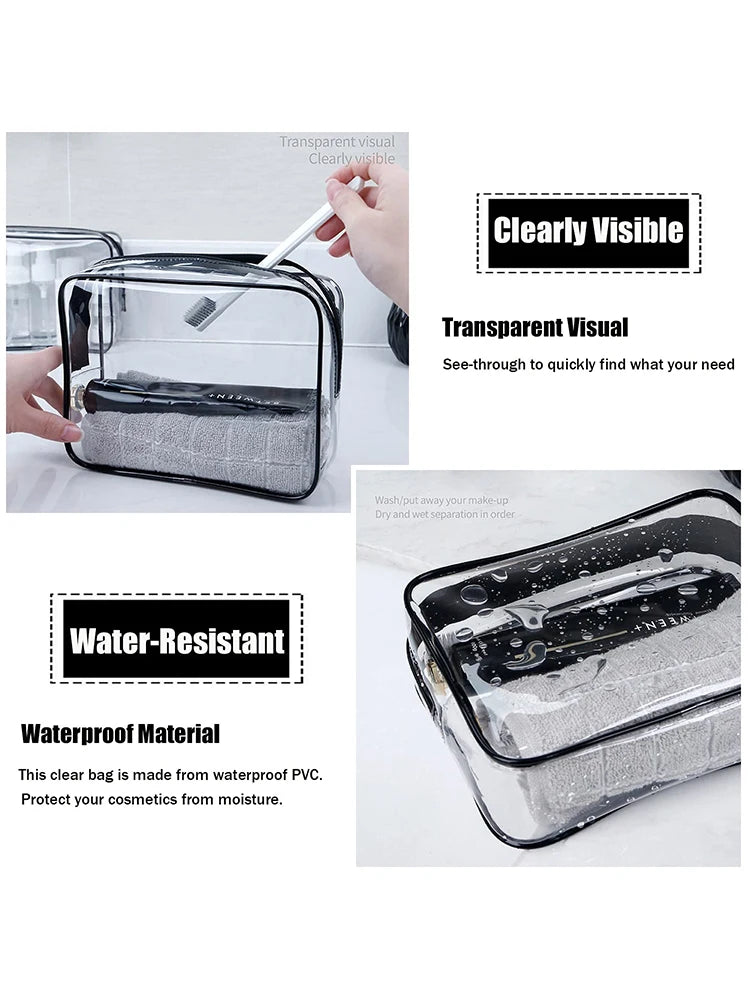 Vabena 3 Pcs Clear Travel Toiletry Bags - Airport Compliant Cosmetic Pouches