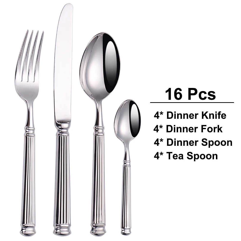 Elegant Striped Silver Cutlery Set - Premium Stainless Steel 304