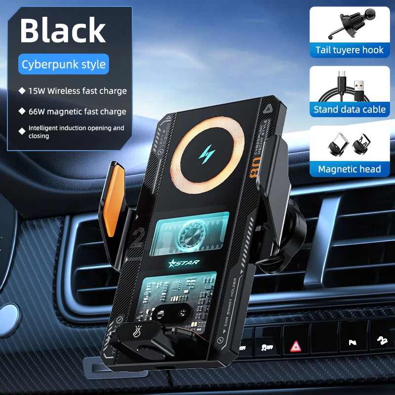Smart Sensing Car Phone Mount | 15W Wireless & 66W Fast Charging Auto Clamping Holder