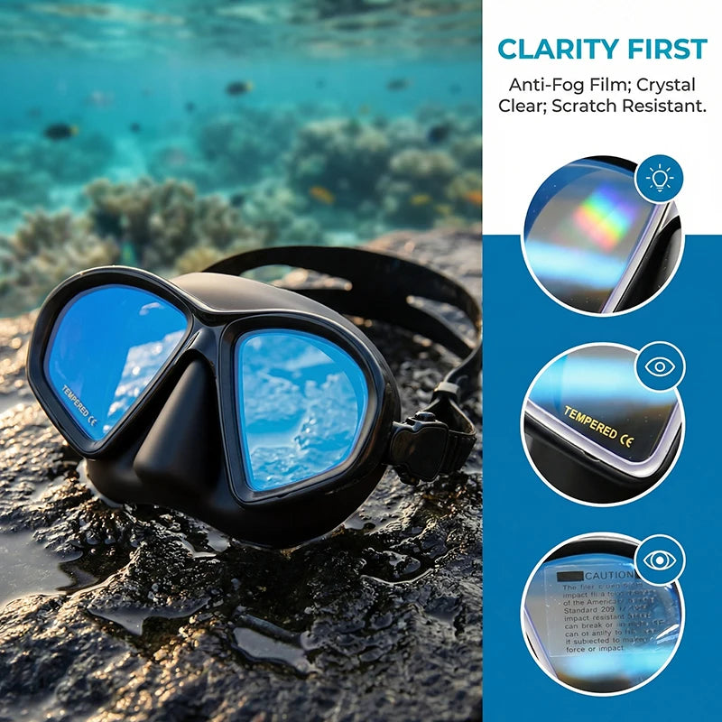 Low Volume Freedive Mask & Snorkel Set with Camera Mount - Tempered Glass Black