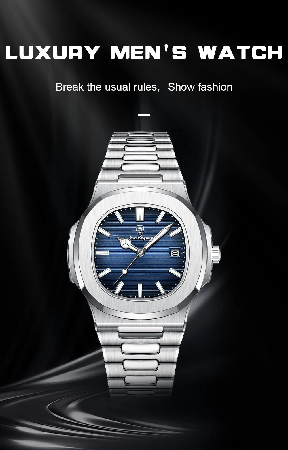 POEDAGAR Men's Square Luxury Quartz Watch - Waterproof, Luminous Date, Stainless Steel for Business & Sport